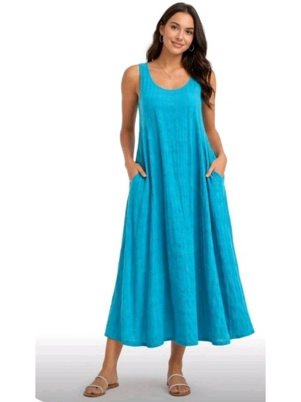 Nino Wong Linen Blend Maxi Dress Elegant Casual Textured Beach XS Aqua Pockets